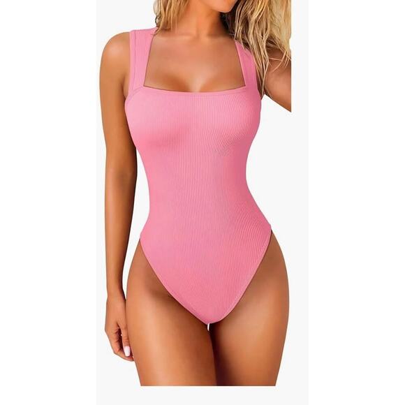 Bubblegum Pink Ribbed OQQ Bodysuit – Sleek & Sculpting One-Piece NEW/ MEDIUM - Picture 1 of 4
